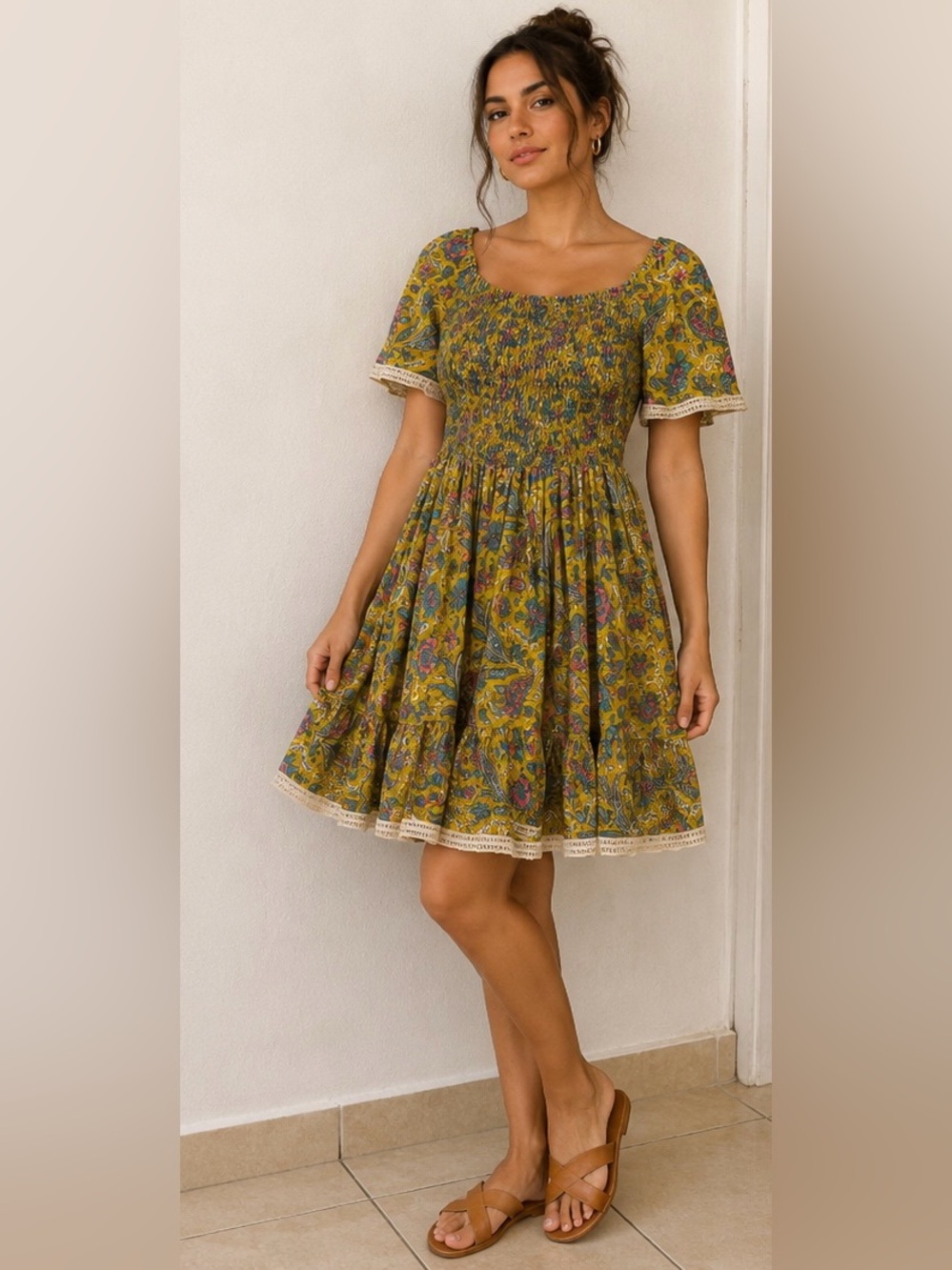 Smocked Square-Neck Midi Dress in Mustard Floral